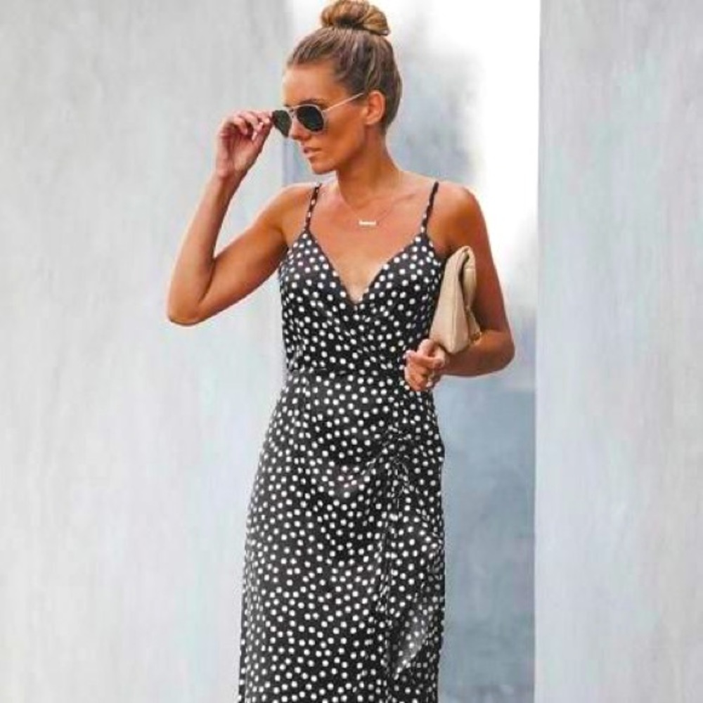Vici Dolls Gold Polka Dot Slip Dress w/ Ruffled Split